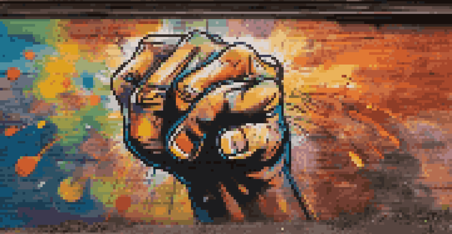 A striking street art mural of a raised clenched fist, symbolizing resistance, with swirling colors and illuminated by streetlights at dusk.