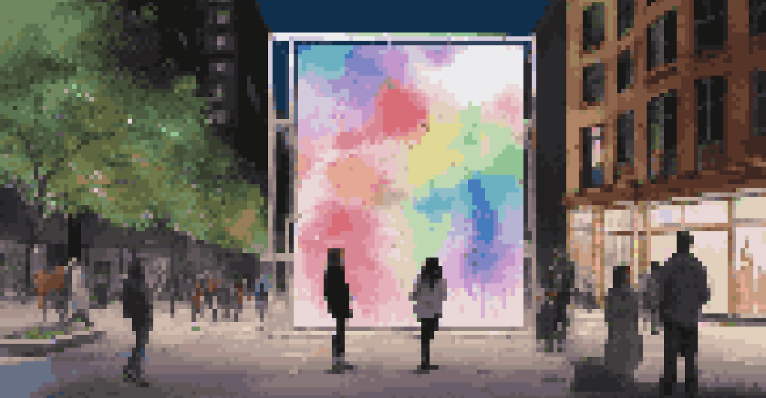 An interactive digital art installation in a city at night, illuminated with colorful lights and surrounded by urban activity.