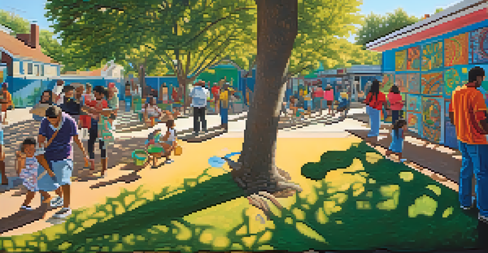 A colorful mural featuring diverse individuals participating in art activities, surrounded by trees and sunlight.