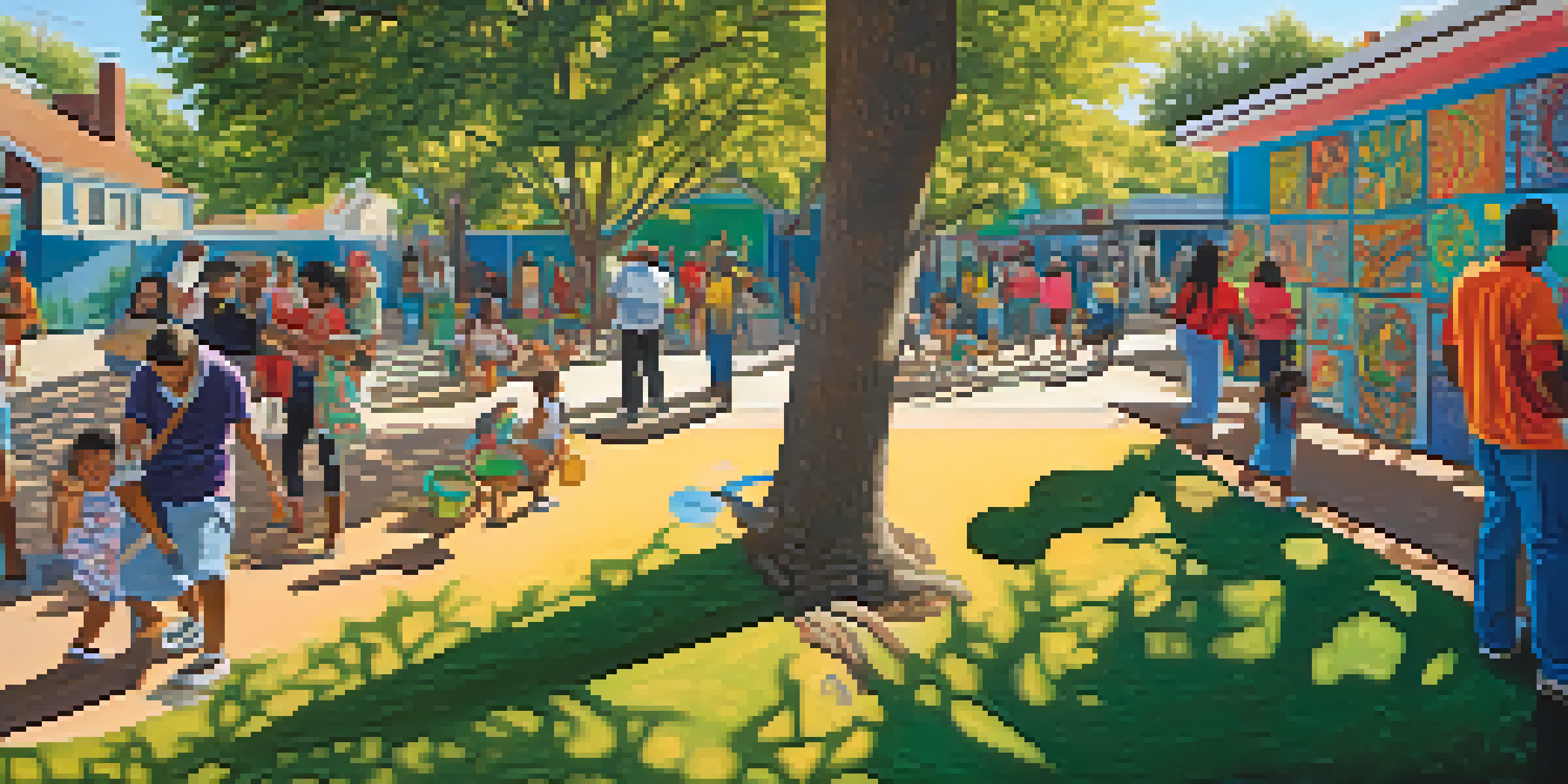 A colorful mural featuring diverse individuals participating in art activities, surrounded by trees and sunlight.