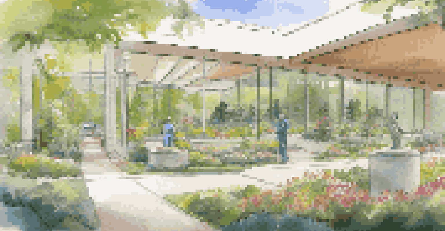 Sculptures representing healing and diversity in a garden area of a modern healthcare facility, surrounded by greenery.