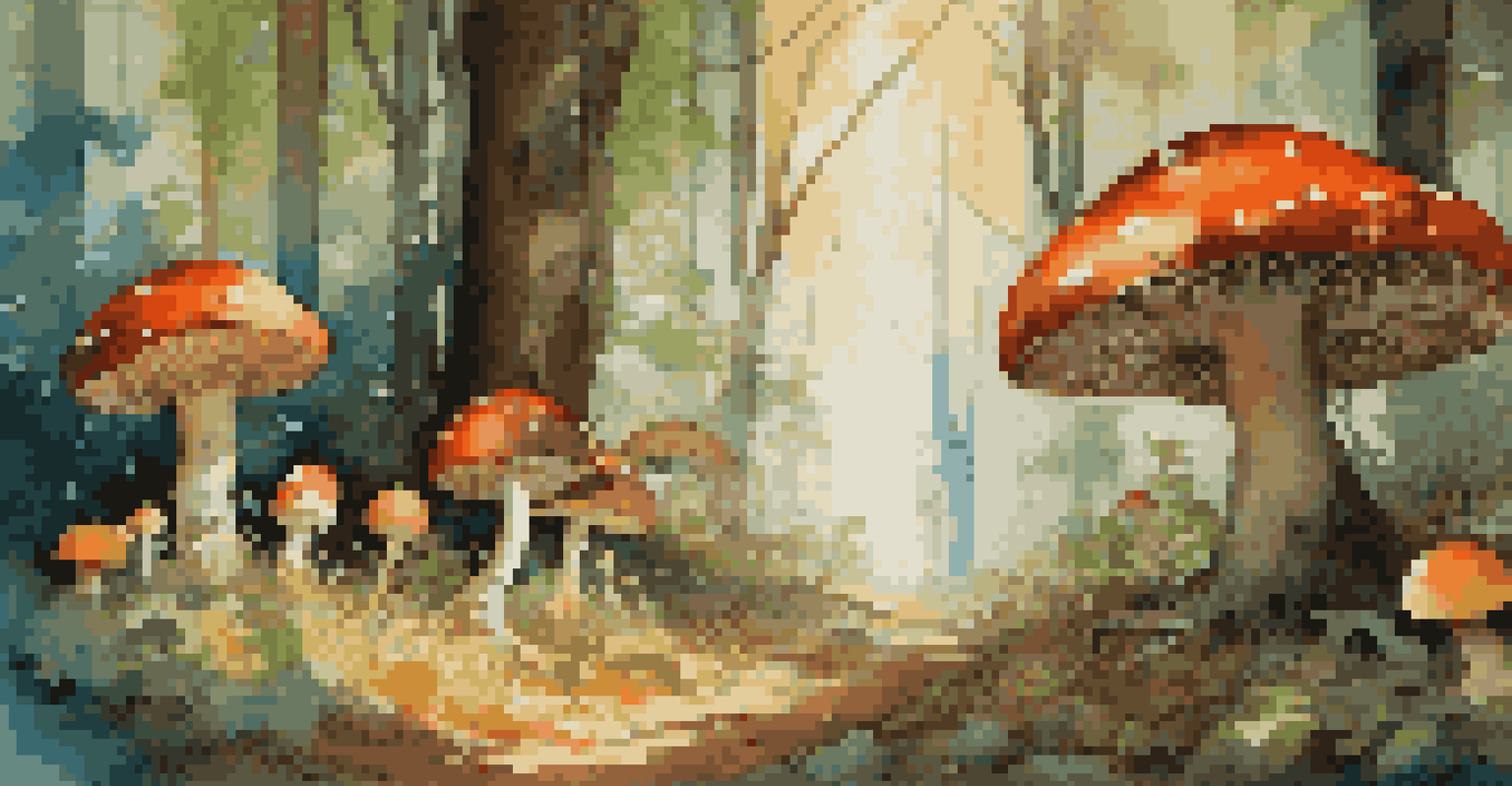 A serene forest with trees having human faces and glowing mushrooms, illuminated by soft sunlight.