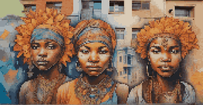 A colorful street mural featuring diverse faces symbolizing unity and solidarity, set against an urban backdrop.