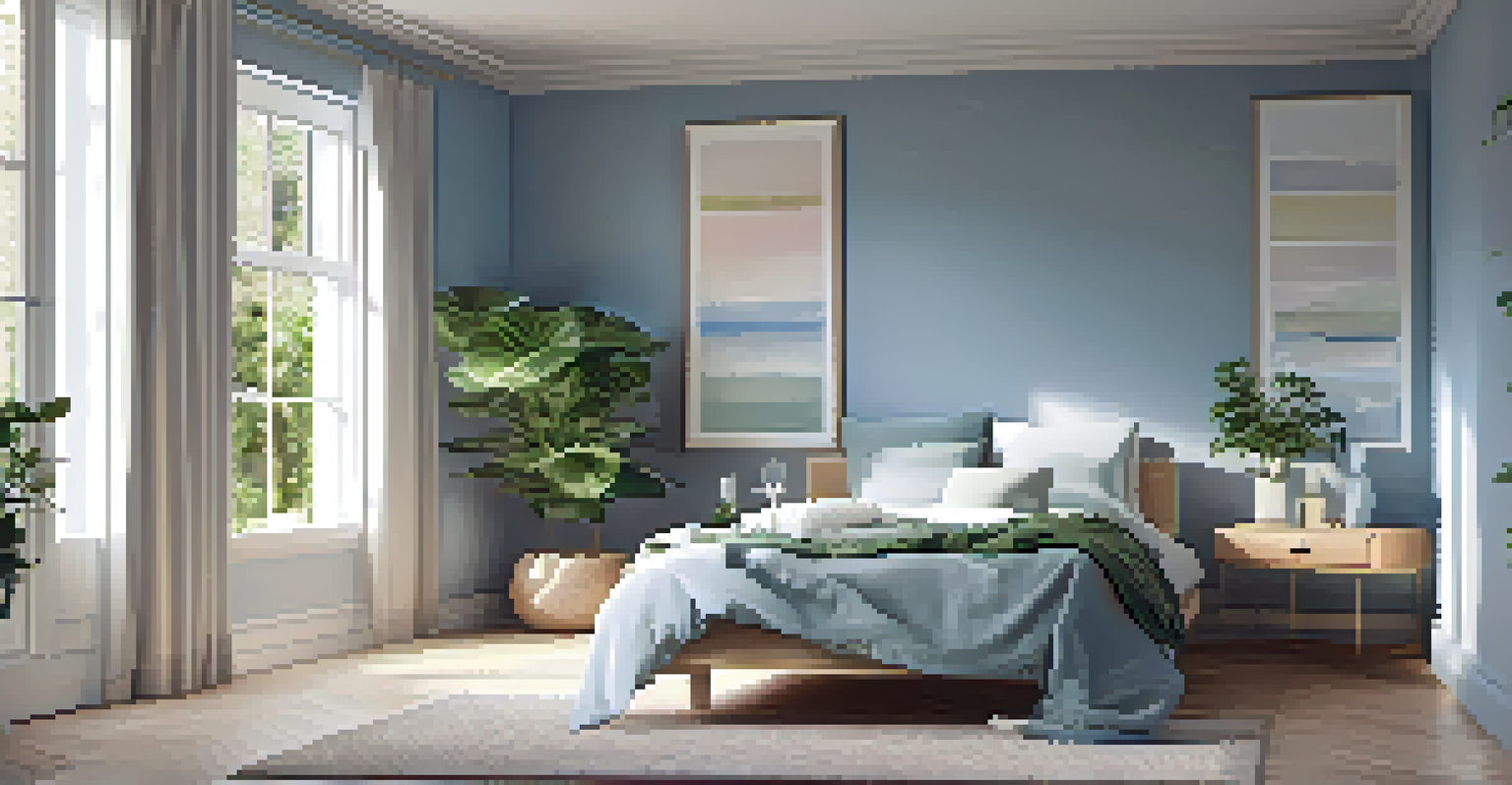 A tranquil bedroom in soft blue tones with pastel bedding and green plants, bathed in natural light.
