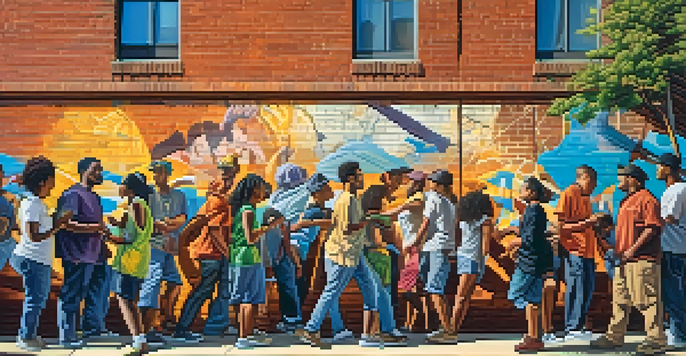 A colorful urban mural showing diverse people engaged in art, illuminated by warm sunlight.