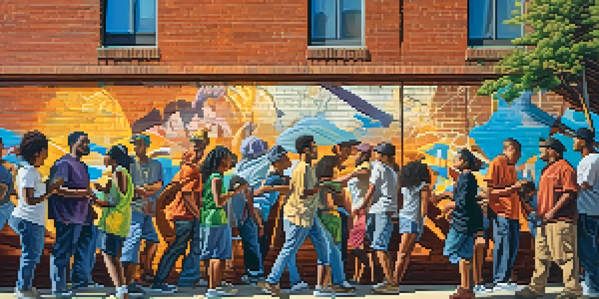 A colorful urban mural showing diverse people engaged in art, illuminated by warm sunlight.