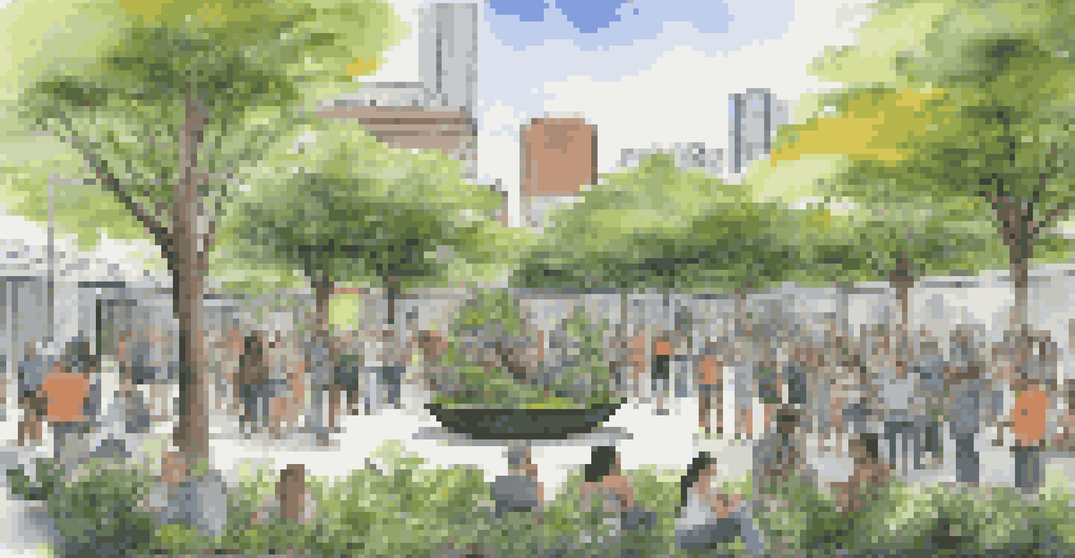 A public art installation made from recycled materials, with community members engaging in discussion, set against a green urban backdrop.