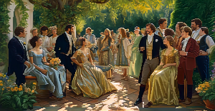 A lively Renaissance scene with elegantly dressed people laughing in a garden, filled with colorful plants and sunlight.