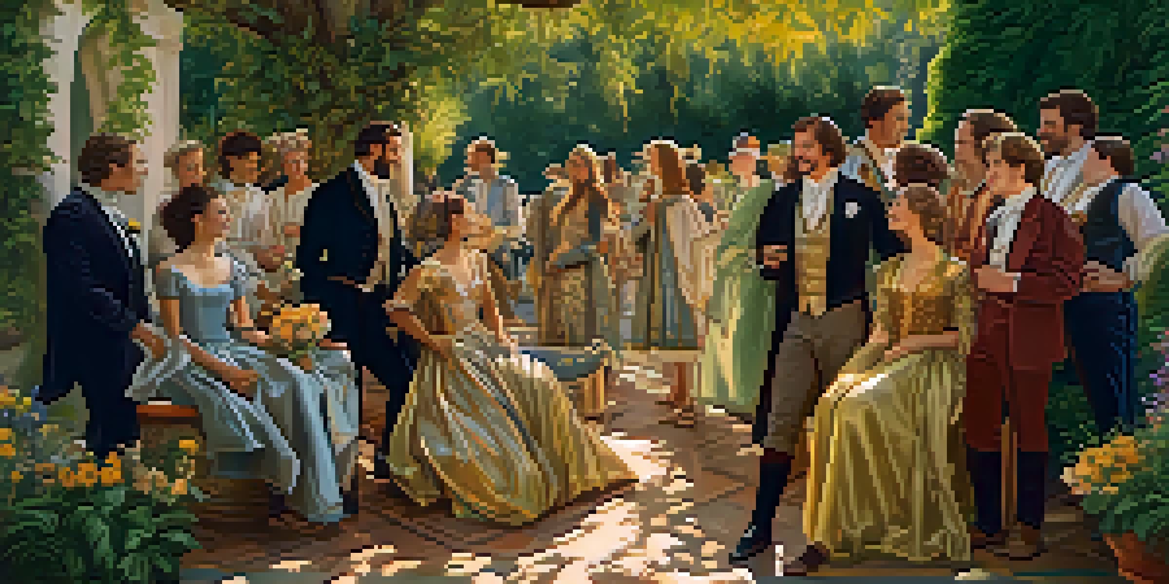 A lively Renaissance scene with elegantly dressed people laughing in a garden, filled with colorful plants and sunlight.