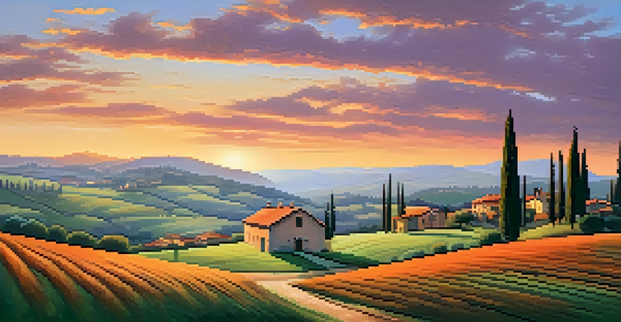 A picturesque Italian countryside at sunset with rolling hills and a farmhouse.