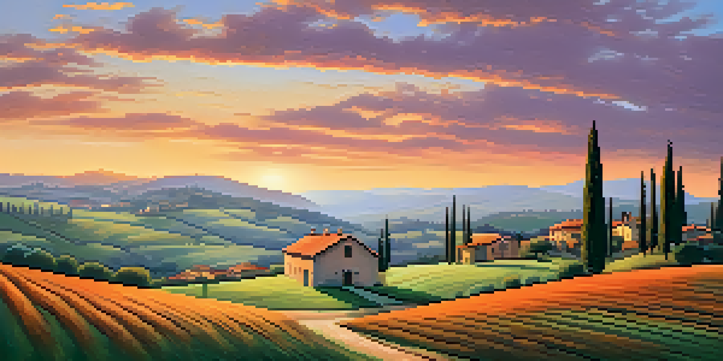 A picturesque Italian countryside at sunset with rolling hills and a farmhouse.