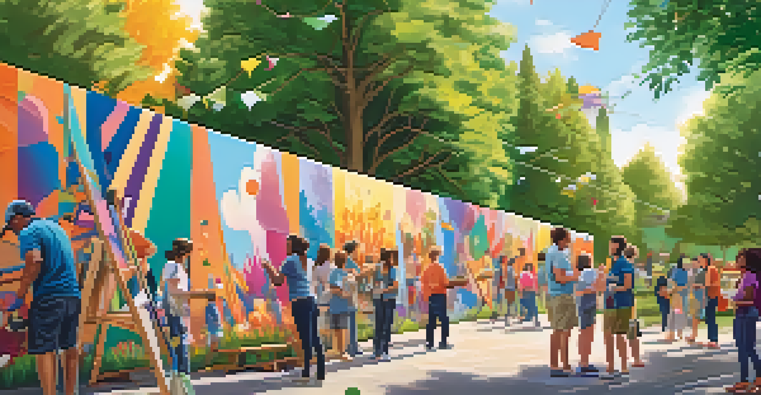 A community outdoor art event with artists painting a mural and spectators engaging with the artwork.