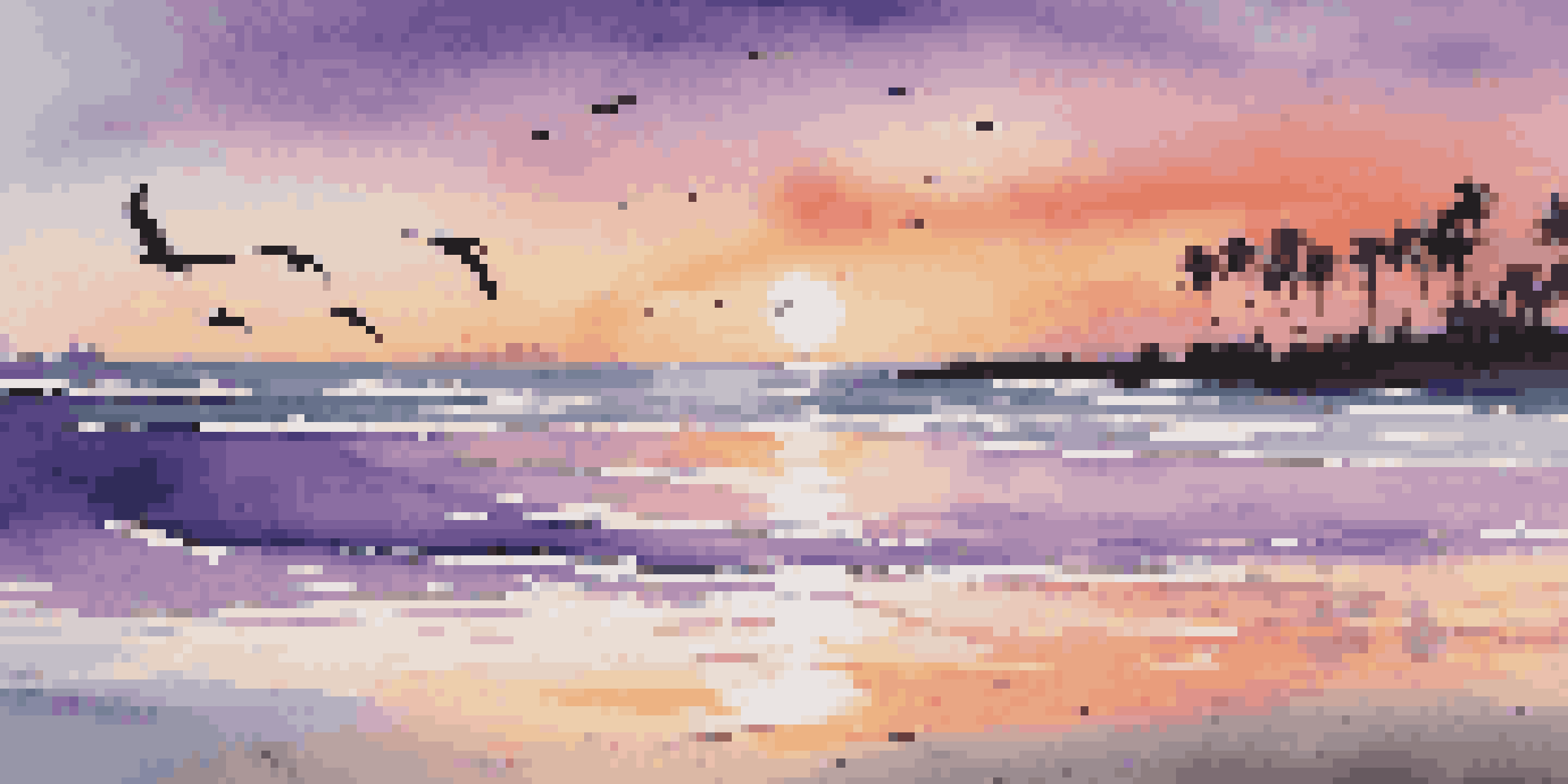 A beautiful sunrise at the beach, featuring colorful skies and silhouettes of palm trees.