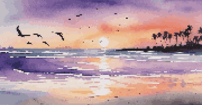 A beautiful sunrise at the beach, featuring colorful skies and silhouettes of palm trees.