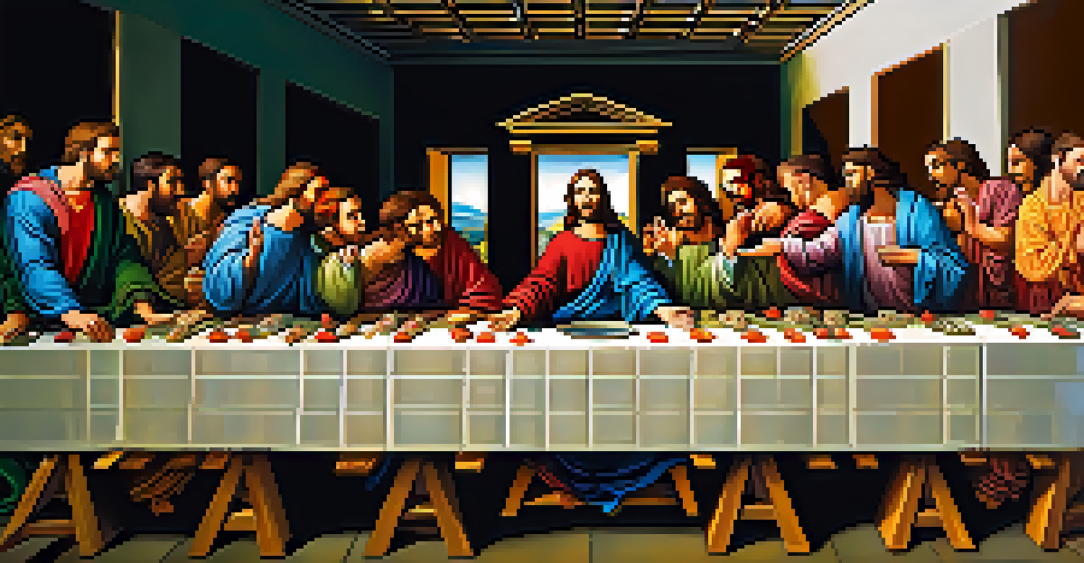 A detailed mural of the Last Supper, showcasing the disciples' expressions and dramatic lighting in a rich color palette.