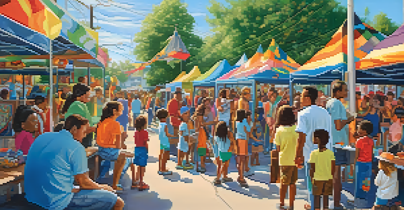 A community art event with families admiring colorful murals that reflect local culture.