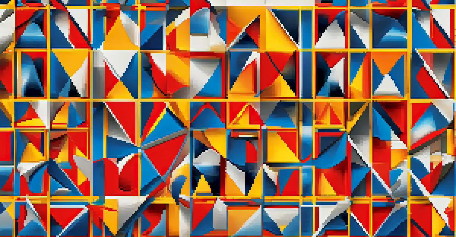 A digital design featuring geometric shapes in red, blue, and yellow arranged in a harmonious pattern against a gradient background.