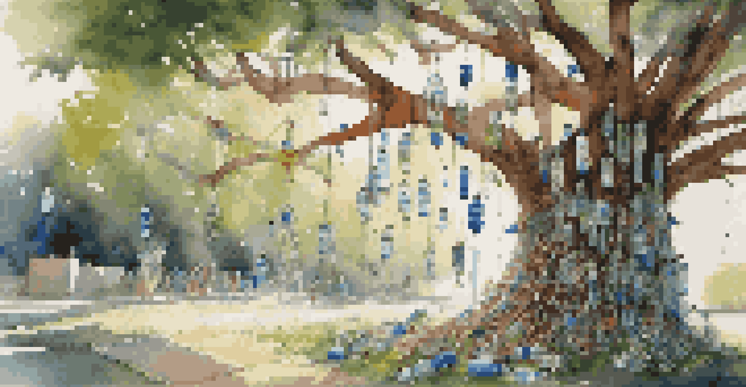 An outdoor art installation shaped like a tree, constructed from recycled materials, surrounded by greenery and sunlight filtering through the branches.