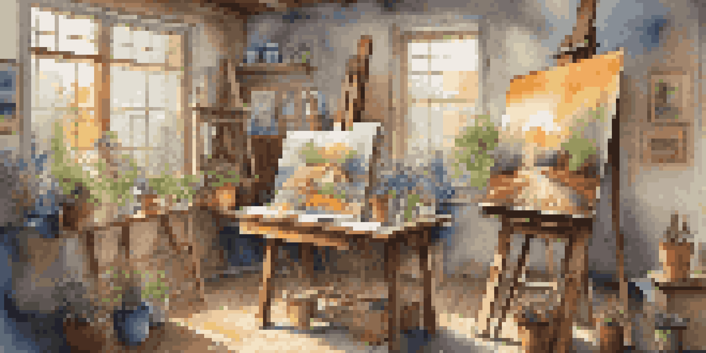 An art studio with colorful paintings and sculptures, featuring a wooden easel and natural light.