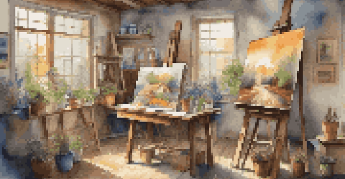 An art studio with colorful paintings and sculptures, featuring a wooden easel and natural light.