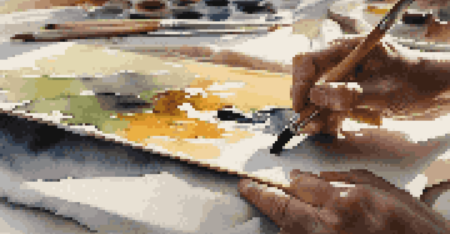 An artist's hands applying oil paint to a canvas with brushes and a partially finished painting in the background.