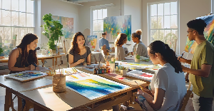 A bright and welcoming art therapy studio with people of various backgrounds engaged in creative activities like painting and drawing, surrounded by colorful art and greenery.