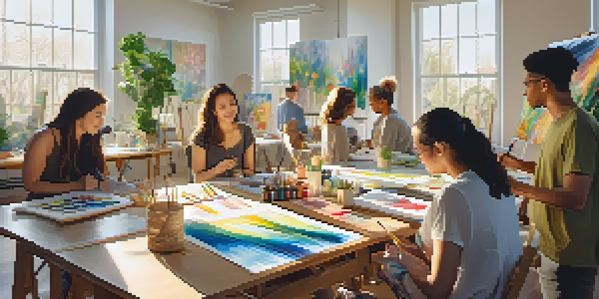 A bright and welcoming art therapy studio with people of various backgrounds engaged in creative activities like painting and drawing, surrounded by colorful art and greenery.