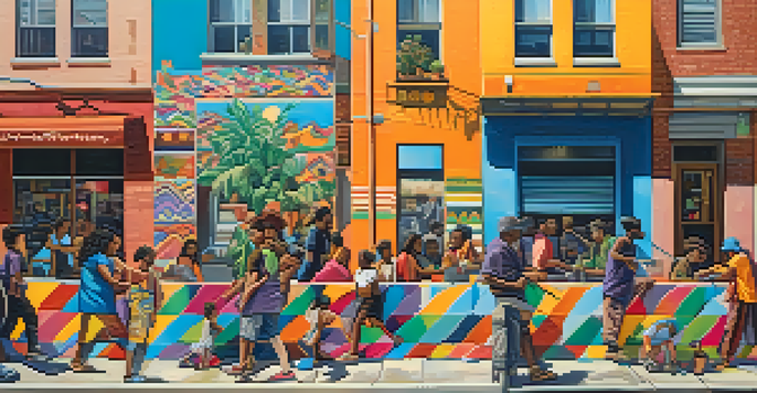 A colorful mural created by a diverse group of people, illustrating community collaboration and cultural backgrounds.