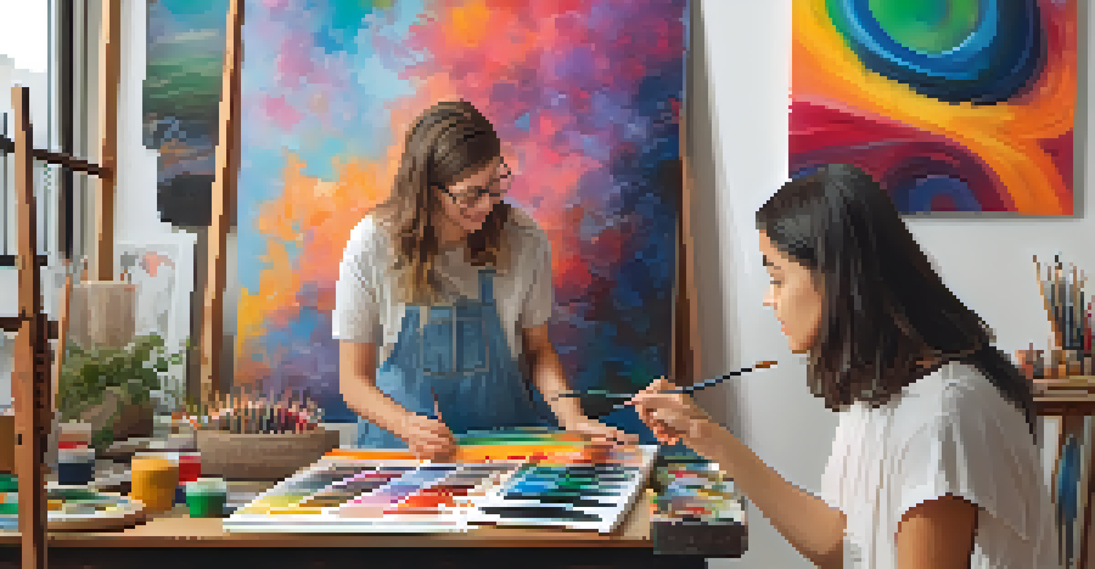 A young artist receiving guidance from a mentor in a cozy studio filled with colorful art supplies and artworks.
