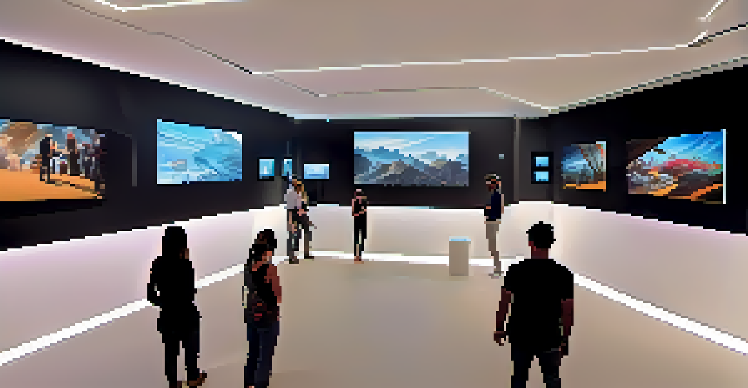 Visitors wearing VR headsets in a modern art gallery, interacting with glowing digital art installations.