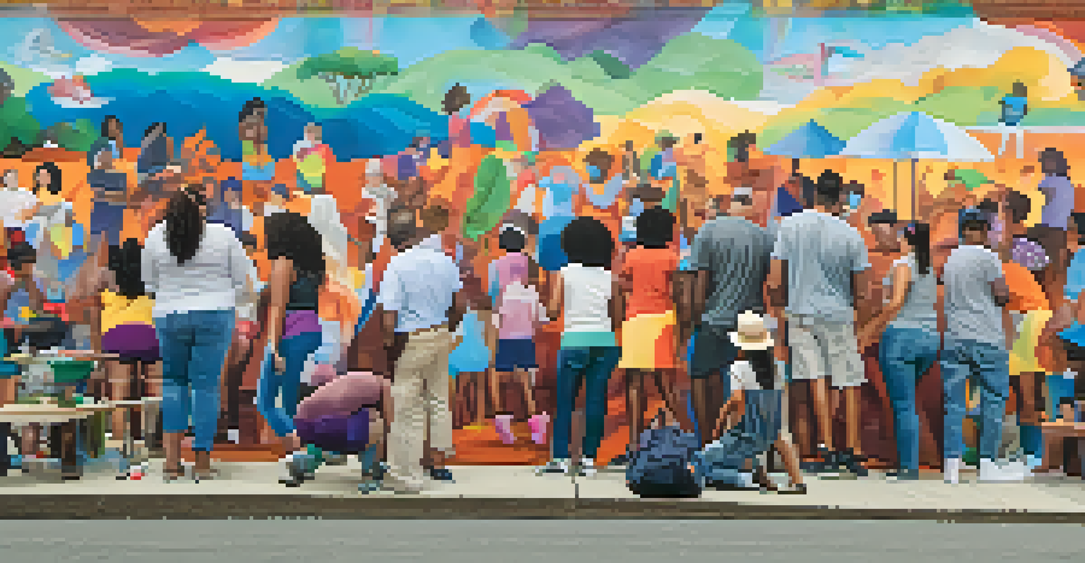 A community mural project with people painting together, showcasing vibrant colors and themes of unity.