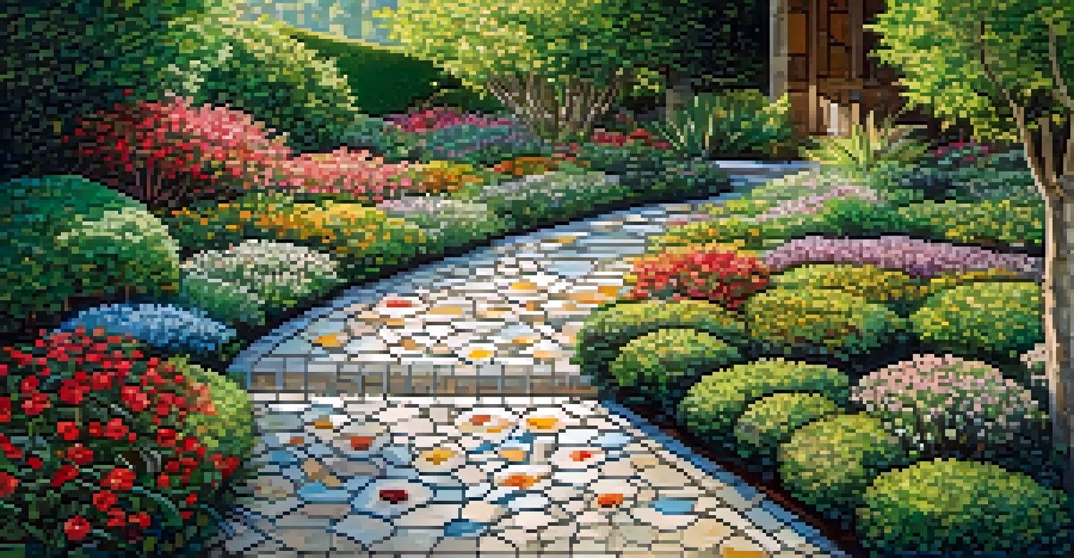 A garden path decorated with a beautiful mosaic of stones and glass tiles surrounded by greenery.