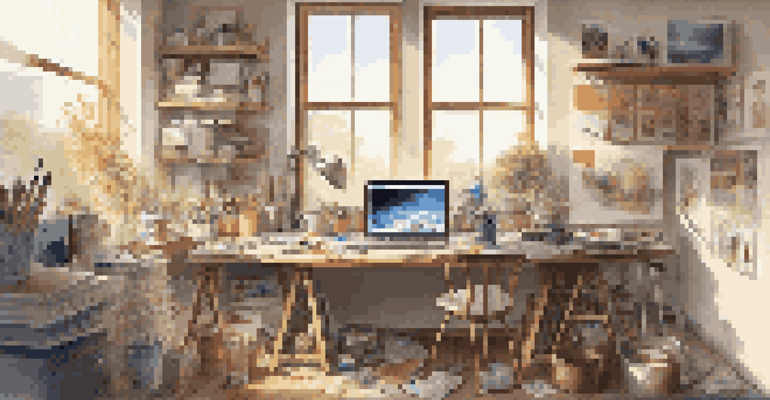 A cozy artist's workspace with art supplies and a laptop displaying an art social media feed, illuminated by natural light.