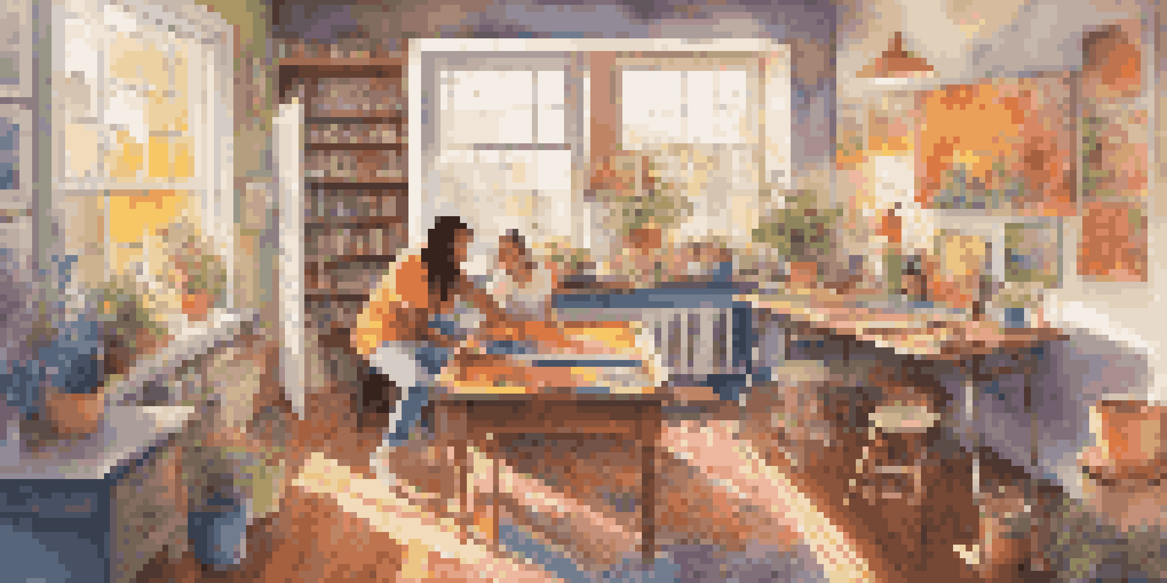 A couple happily painting a colorful mural in a sunlit art studio, surrounded by paint pots and brushes.
