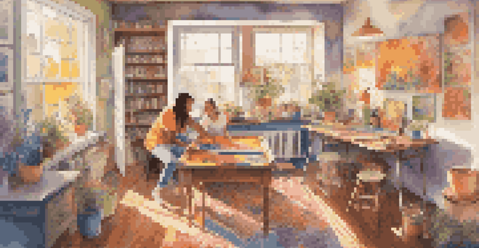 A couple happily painting a colorful mural in a sunlit art studio, surrounded by paint pots and brushes.