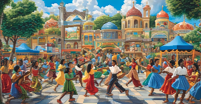 A colorful community mural illustrating diverse people engaged in joyful activities with local landmarks in the background.