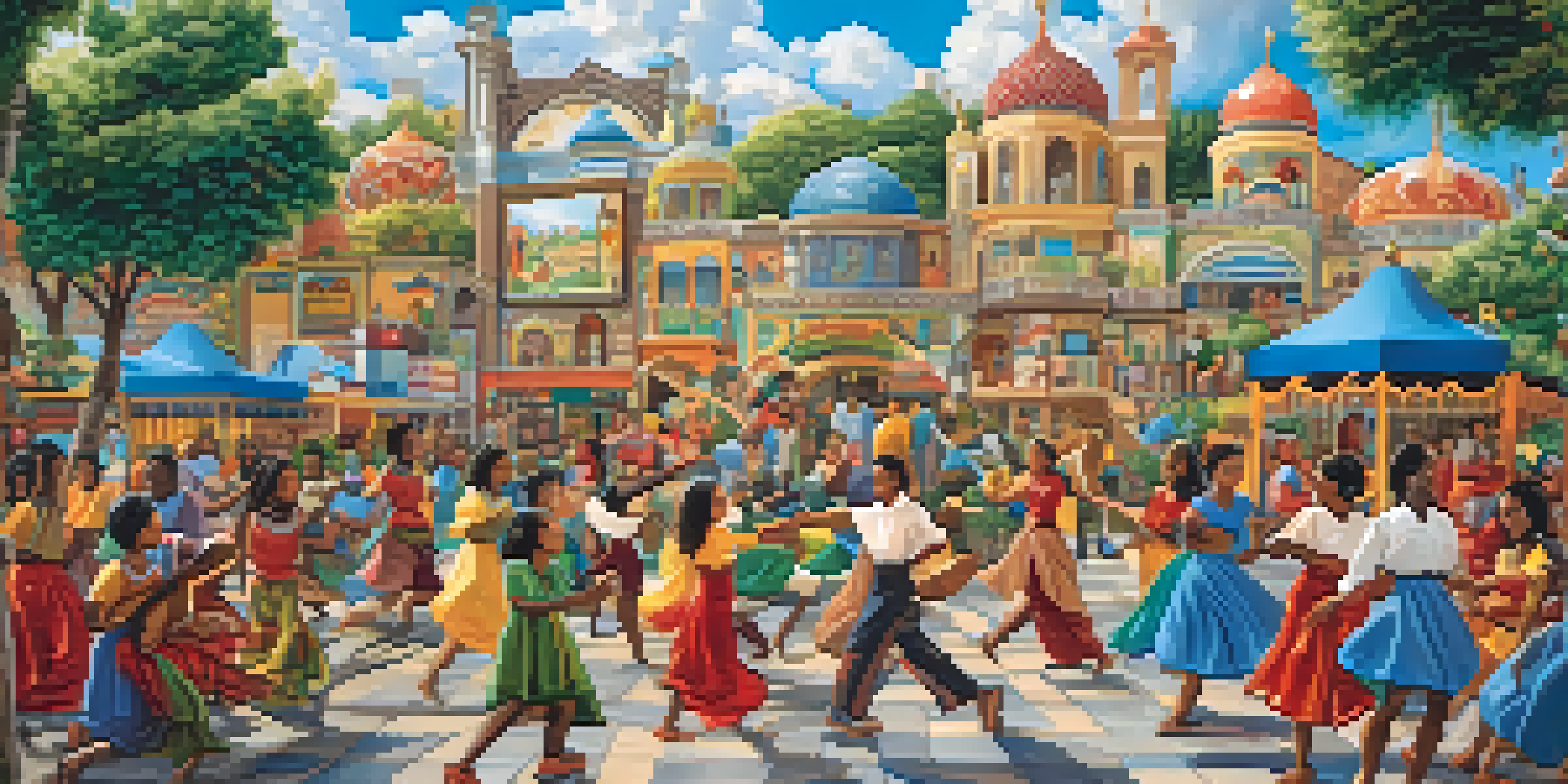 A colorful community mural illustrating diverse people engaged in joyful activities with local landmarks in the background.