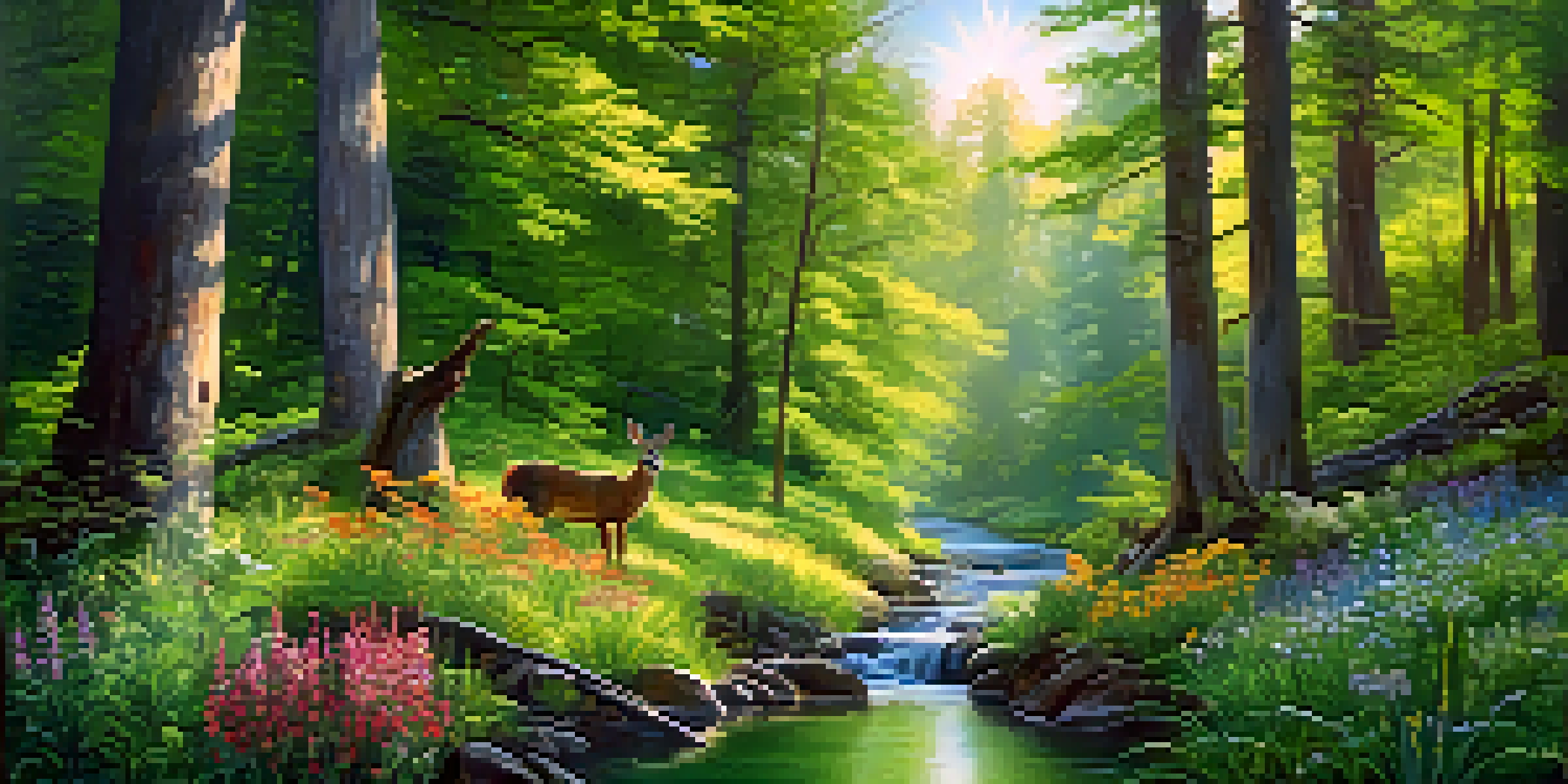 A vibrant forest landscape with sunlight, colorful wildflowers, a flowing stream, and small animals like deer and rabbits.