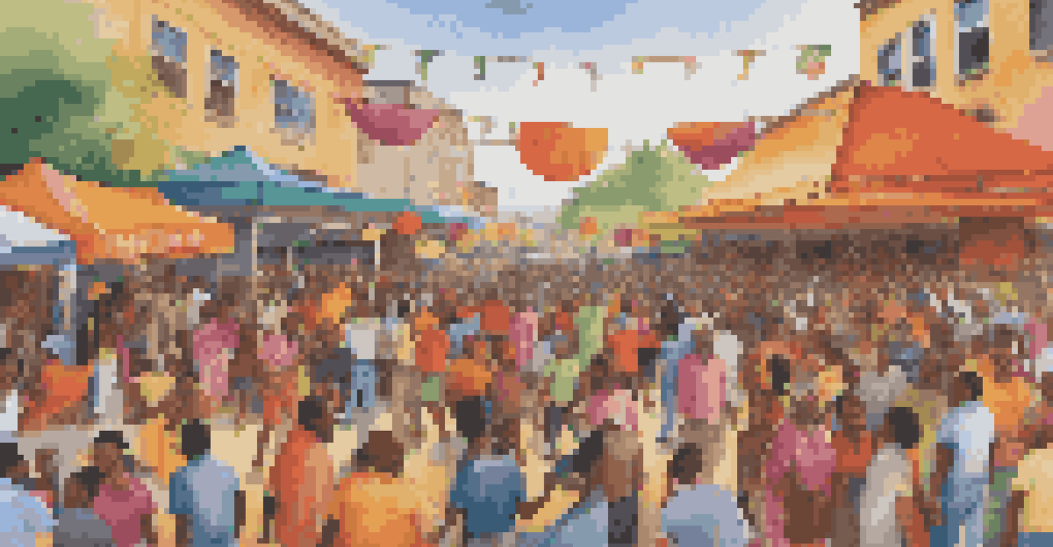 A large crowd celebrating in front of a vivid mural, with decorations, food stalls, and people engaging in conversation.
