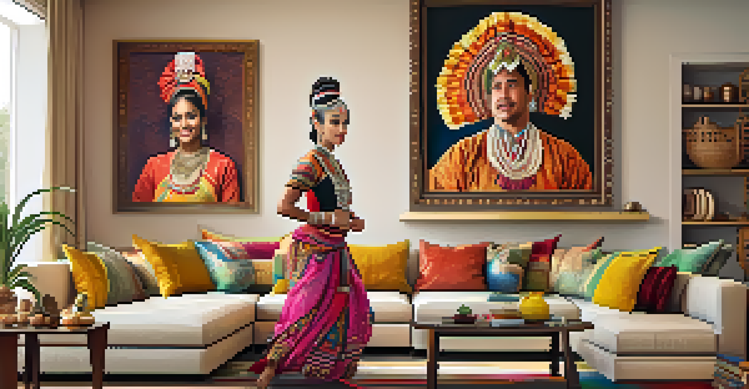 A diverse family performing a traditional dance in a decorated living room, wearing traditional attire.