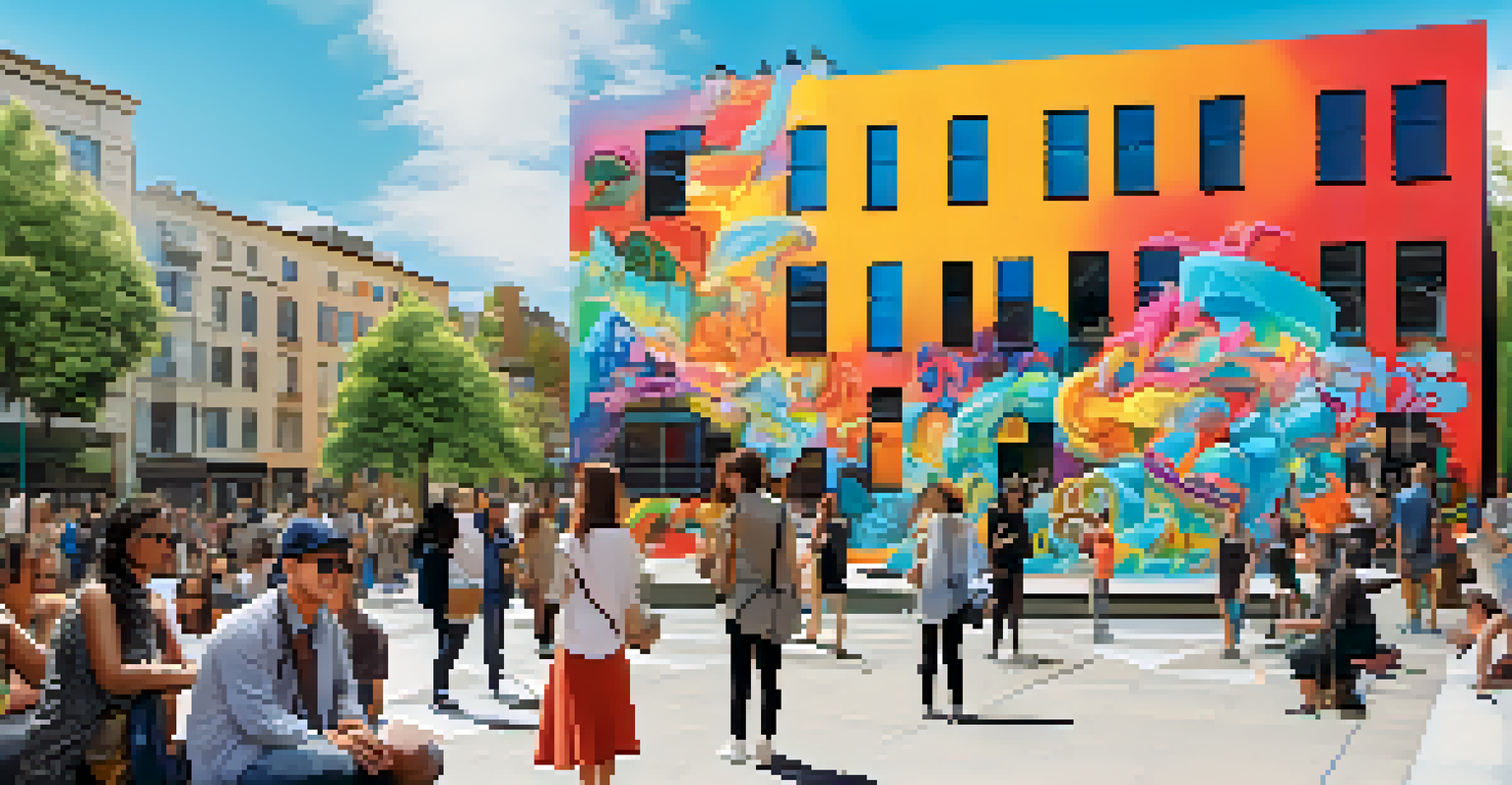 An urban space featuring augmented reality art installations, with people exploring colorful digital animations.