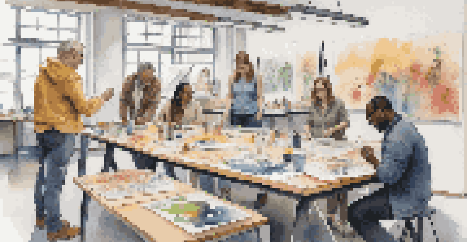 A group of diverse artists collaborating on an art project at a table, sharing ideas and techniques in a workshop.