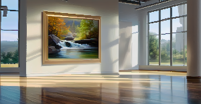 An art gallery with a large landscape painting and a speaker emitting the sound of flowing water, creating a peaceful ambiance.