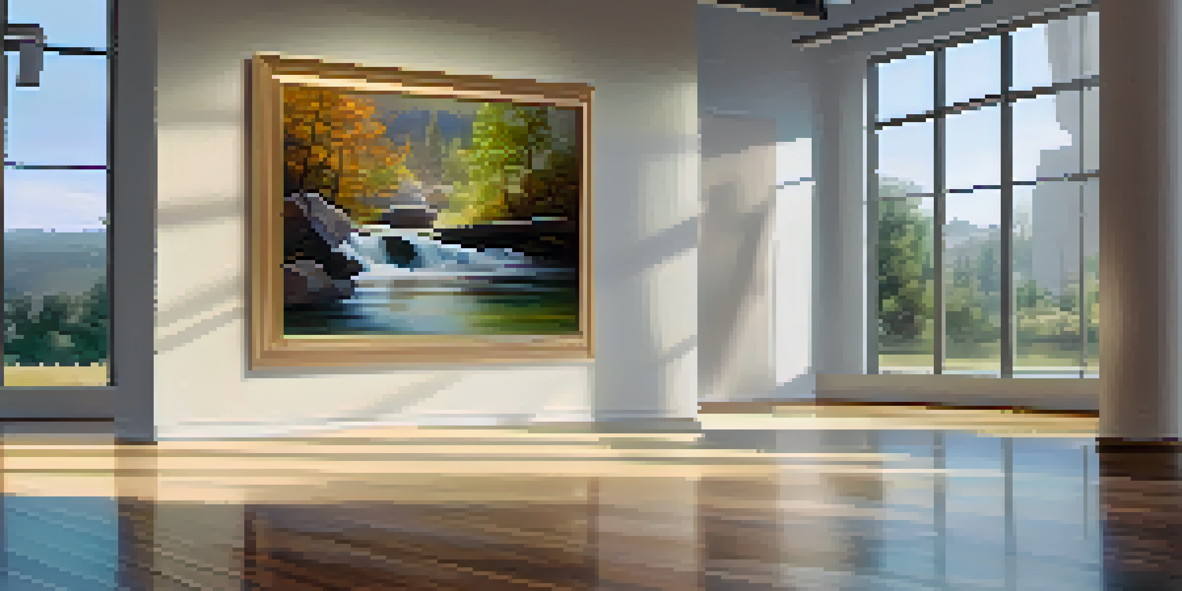 An art gallery with a large landscape painting and a speaker emitting the sound of flowing water, creating a peaceful ambiance.
