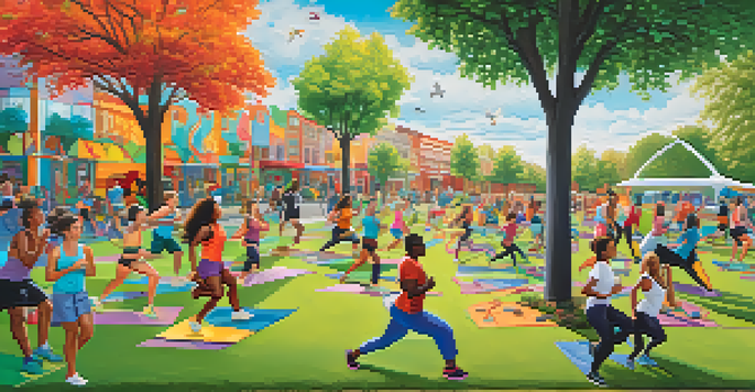 A colorful mural showcasing diverse individuals participating in healthy activities in a park setting.