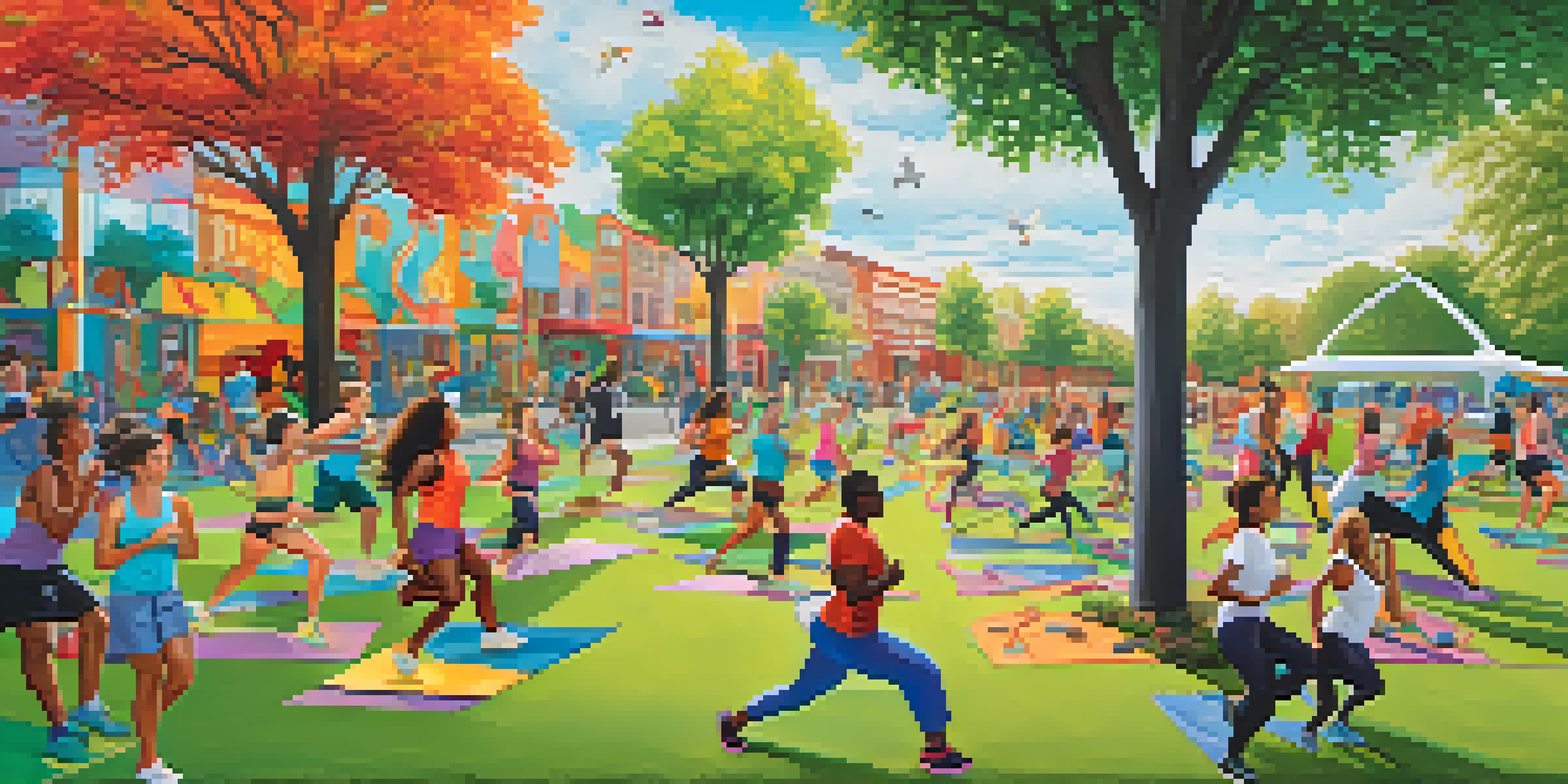 A colorful mural showcasing diverse individuals participating in healthy activities in a park setting.