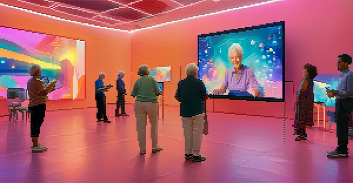 An interactive art installation where older adults are joyfully engaging with digital screens, surrounded by colorful lights and abstract shapes.