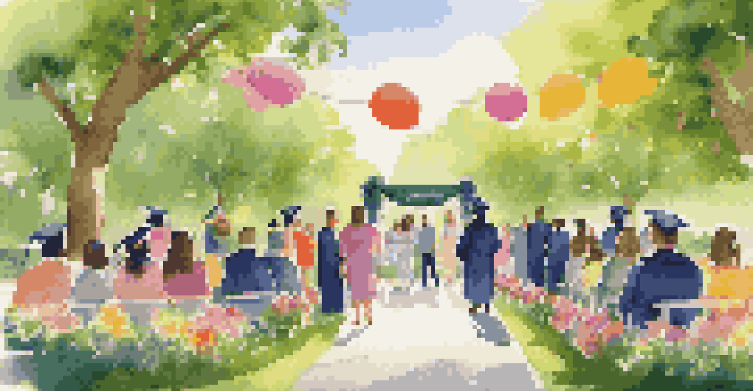 A proud family celebrating a graduation outdoors, with a graduate holding a colorful personalized banner, surrounded by flowers and trees.