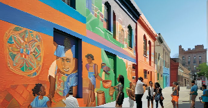 A colorful mural depicting people from different cultures collaborating on art, with sunlight highlighting the textures.