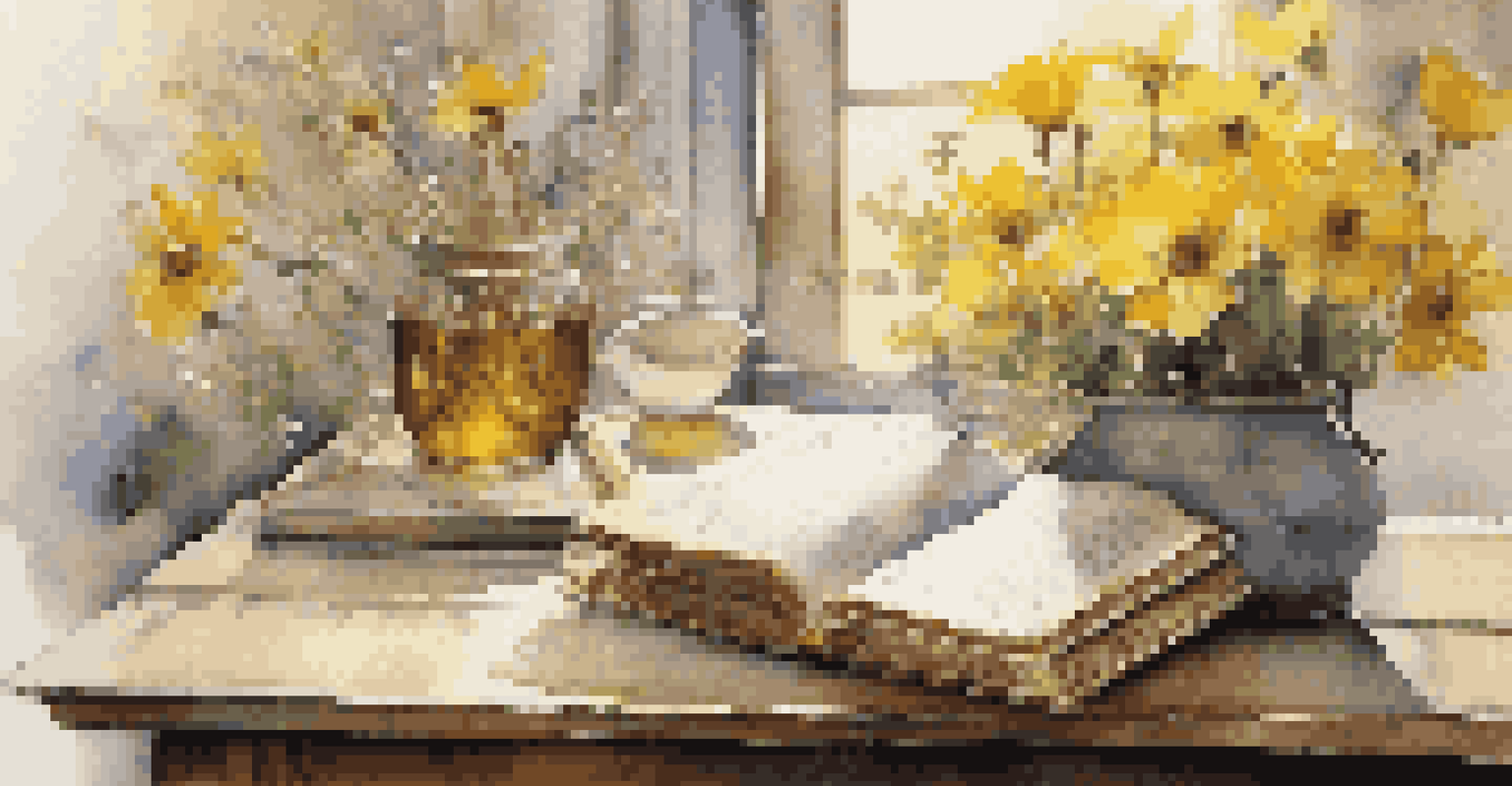 A still life on a wooden table with a vase of flowers, an open book, and reading glasses, illuminated by soft morning light.